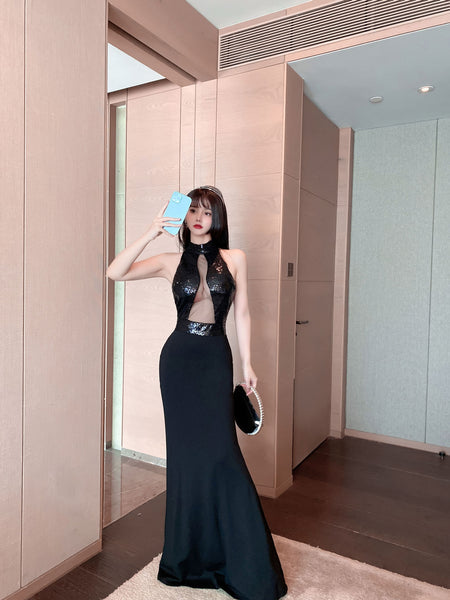 Sequined Bead Cut Out Front Open Back See Through Sleeveless Side Slit Fish Tail Party Evening Long Dress