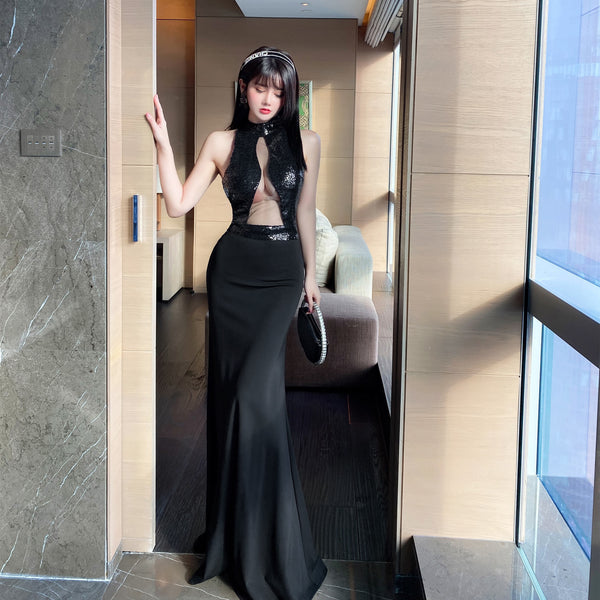 Sequined Bead Cut Out Front Open Back See Through Sleeveless Side Slit Fish Tail Party Evening Long Dress