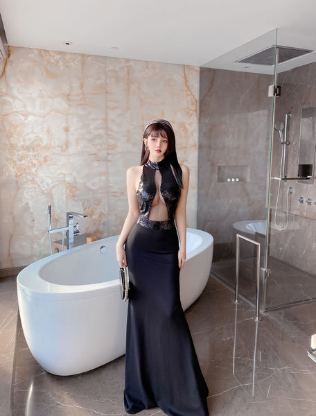 Sequined Bead Cut Out Front Open Back See Through Sleeveless Side Slit Fish Tail Party Evening Long Dress