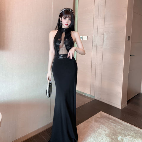 Sequined Bead Cut Out Front Open Back See Through Sleeveless Side Slit Fish Tail Party Evening Long Dress