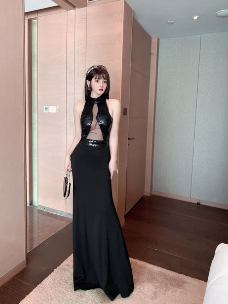 Sequined Bead Cut Out Front Open Back See Through Sleeveless Side Slit Fish Tail Party Evening Long Dress