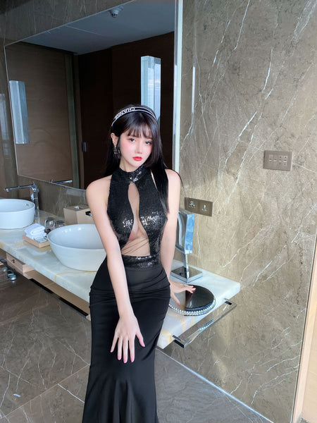 Sequined Bead Cut Out Front Open Back See Through Sleeveless Side Slit Fish Tail Party Evening Long Dress