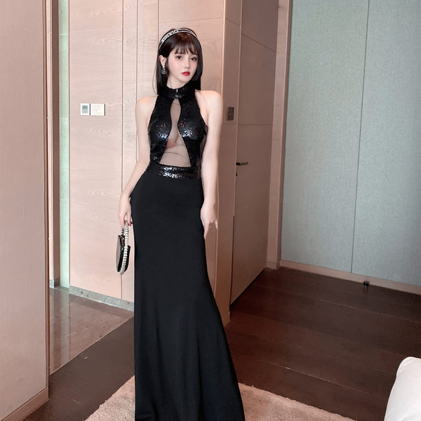 Sequined Bead Cut Out Front Open Back See Through Sleeveless Side Slit Fish Tail Party Evening Long Dress
