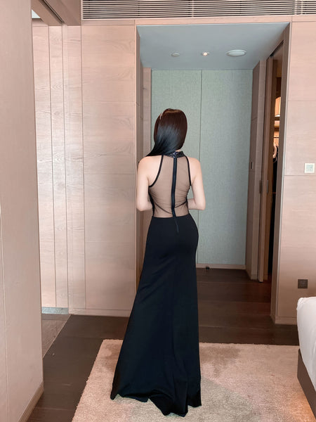 Sequined Bead Cut Out Front Open Back See Through Sleeveless Side Slit Fish Tail Party Evening Long Dress