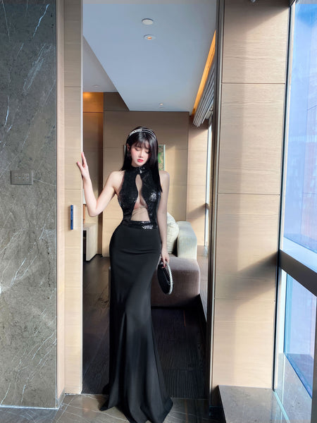 Sequined Bead Cut Out Front Open Back See Through Sleeveless Side Slit Fish Tail Party Evening Long Dress