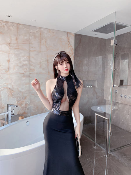 Sequined Bead Cut Out Front Open Back See Through Sleeveless Side Slit Fish Tail Party Evening Long Dress