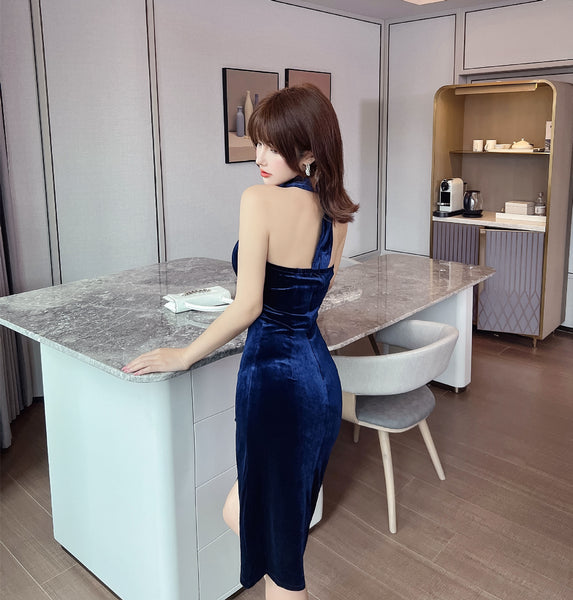 Sexy Temperament Off Shoulder Velvet Tube Top Sweetheart Neck Side Slit Nightclub Bodycon Dress