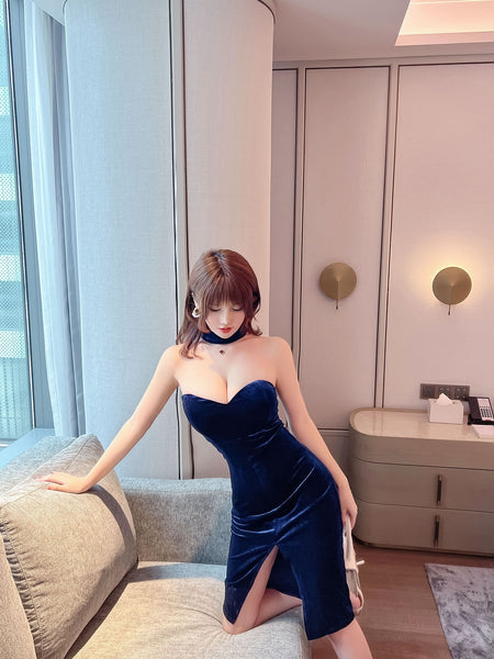 Sexy Temperament Off Shoulder Velvet Tube Top Sweetheart Neck Side Slit Nightclub Bodycon Dress