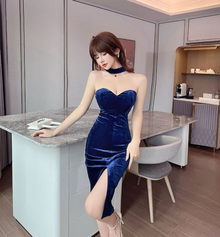 Sexy Temperament Off Shoulder Velvet Tube Top Sweetheart Neck Side Slit Nightclub Bodycon Dress