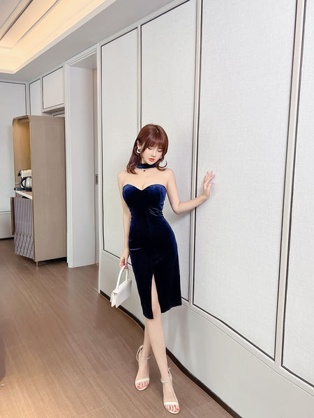 Sexy Temperament Off Shoulder Velvet Tube Top Sweetheart Neck Side Slit Nightclub Bodycon Dress