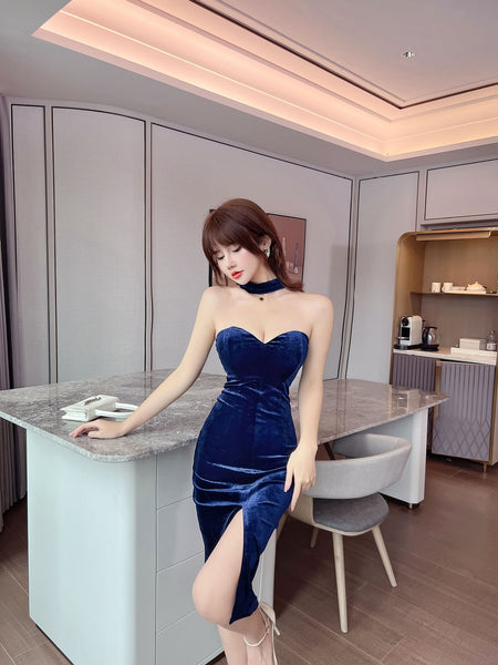 Sexy Temperament Off Shoulder Velvet Tube Top Sweetheart Neck Side Slit Nightclub Bodycon Dress