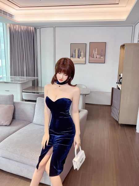Sexy Temperament Off Shoulder Velvet Tube Top Sweetheart Neck Side Slit Nightclub Bodycon Dress