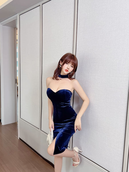 Sexy Temperament Off Shoulder Velvet Tube Top Sweetheart Neck Side Slit Nightclub Bodycon Dress