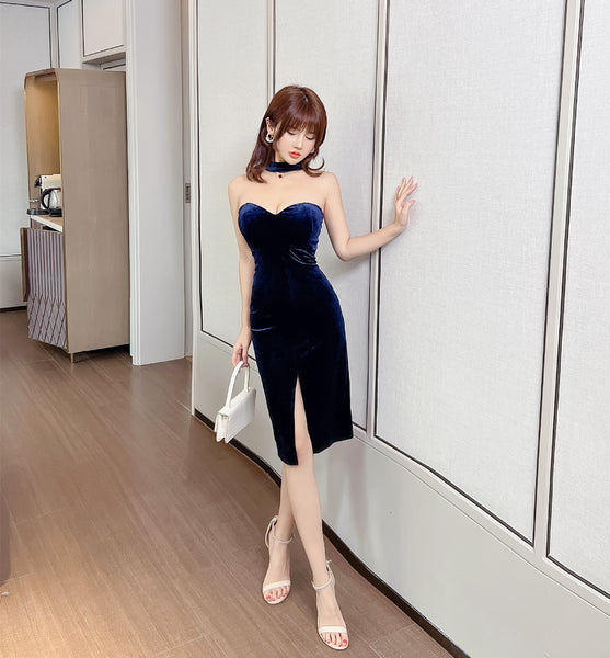 Sexy Temperament Off Shoulder Velvet Tube Top Sweetheart Neck Side Slit Nightclub Bodycon Dress