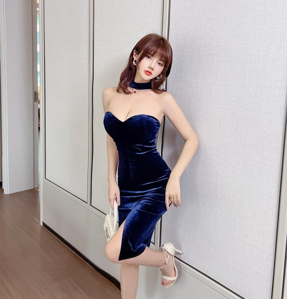 Sexy Temperament Off Shoulder Velvet Tube Top Sweetheart Neck Side Slit Nightclub Bodycon Dress