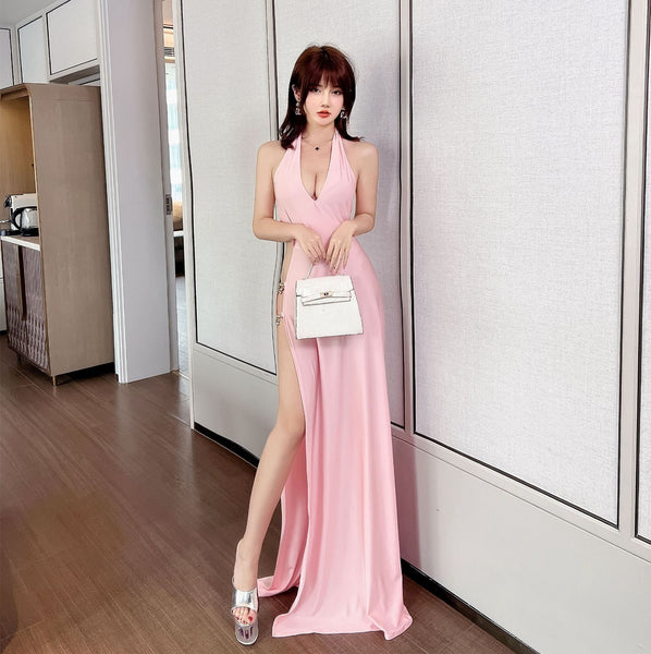 Attractive Sexy Deep V Neck Neckline Sleeveless Side Slit Split Backless Clubwear Long Dress