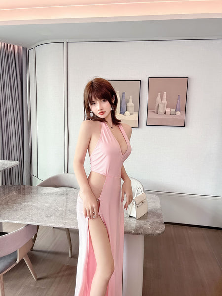 Attractive Sexy Deep V Neck Neckline Sleeveless Side Slit Split Backless Clubwear Long Dress
