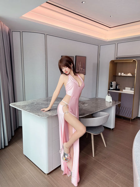 Attractive Sexy Deep V Neck Neckline Sleeveless Side Slit Split Backless Clubwear Long Dress