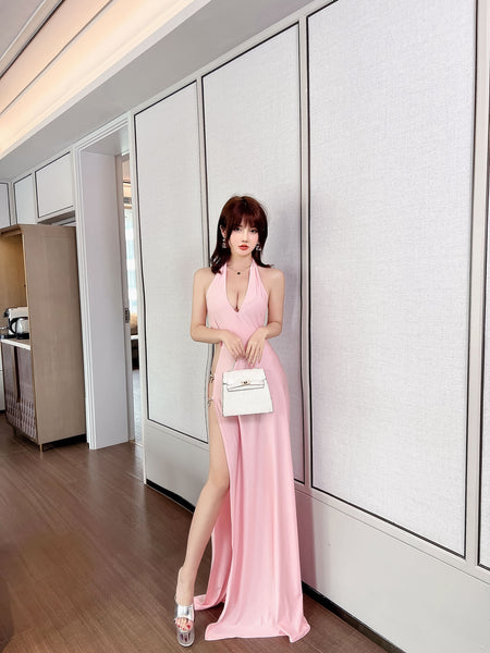 Attractive Sexy Deep V Neck Neckline Sleeveless Side Slit Split Backless Clubwear Long Dress