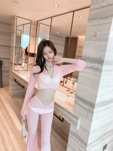 Two Piece Bikini Cover Up Sheer Long Sleeve Tops Tie Up Split Front Tie Flared Flare Pant Skinny Clubwear