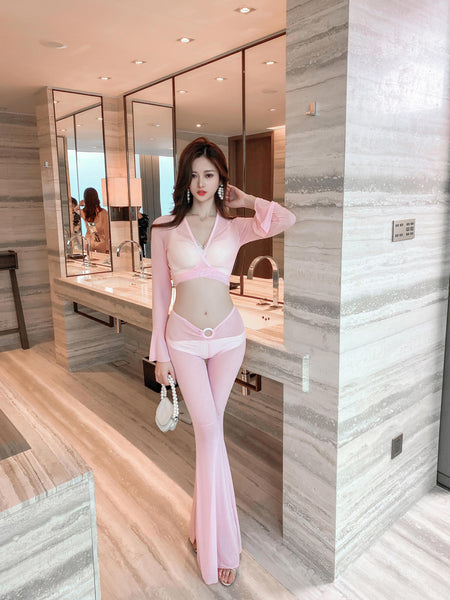 Two Piece Bikini Cover Up Sheer Long Sleeve Tops Tie Up Split Front Tie Flared Flare Pant Skinny Clubwear