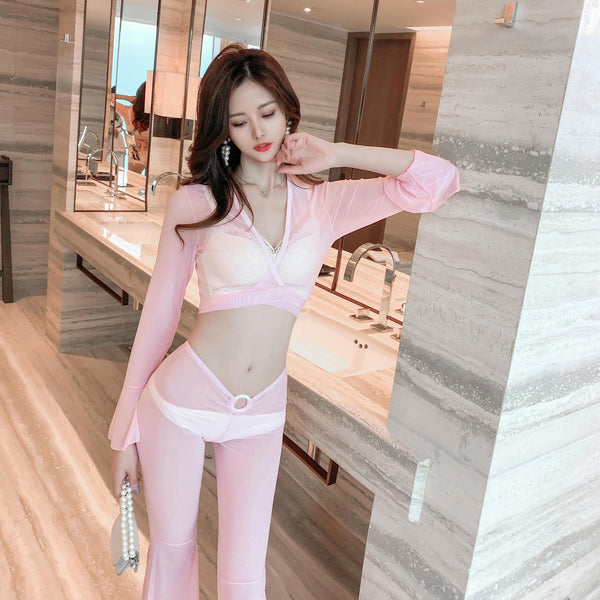 Two Piece Bikini Cover Up Sheer Long Sleeve Tops Tie Up Split Front Tie Flared Flare Pant Skinny Clubwear