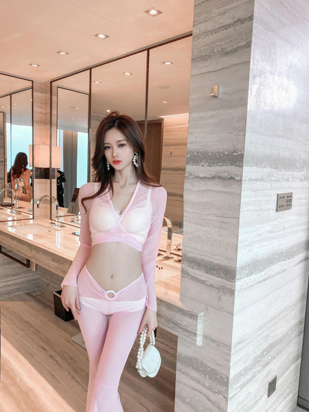 Two Piece Bikini Cover Up Sheer Long Sleeve Tops Tie Up Split Front Tie Flared Flare Pant Skinny Clubwear