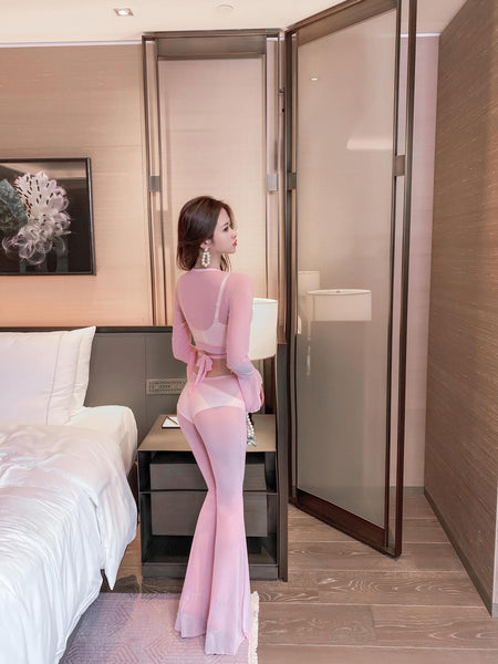 Two Piece Bikini Cover Up Sheer Long Sleeve Tops Tie Up Split Front Tie Flared Flare Pant Skinny Clubwear