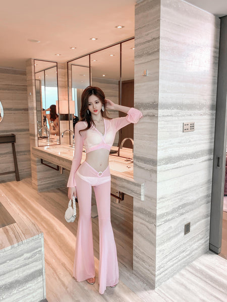 Two Piece Bikini Cover Up Sheer Long Sleeve Tops Tie Up Split Front Tie Flared Flare Pant Skinny Clubwear