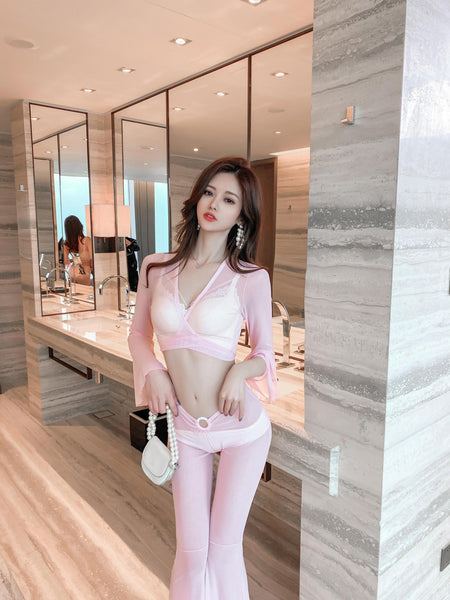 Two Piece Bikini Cover Up Sheer Long Sleeve Tops Tie Up Split Front Tie Flared Flare Pant Skinny Clubwear