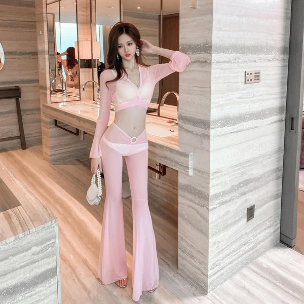Two Piece Bikini Cover Up Sheer Long Sleeve Tops Tie Up Split Front Tie Flared Flare Pant Skinny Clubwear