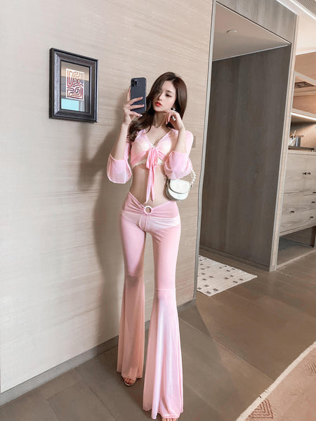 Two Piece Bikini Cover Up Sheer Long Sleeve Tops Tie Up Split Front Tie Flared Flare Pant Skinny Clubwear
