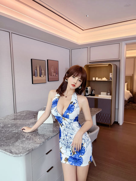 Chinese Style Hanfu Floral Flower Halter Neck Halterneck Sleeveless Backless V Neck Clubbing Bodycon Dress