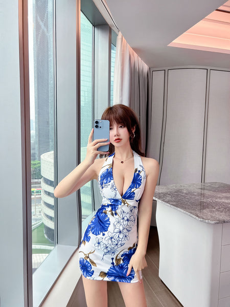 Chinese Style Hanfu Floral Flower Halter Neck Halterneck Sleeveless Backless V Neck Clubbing Bodycon Dress