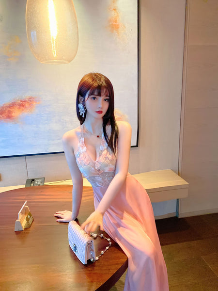 Stunning Sexy See Through Floral Embroidery V Neck Backless High Side Slit Party Long Dress