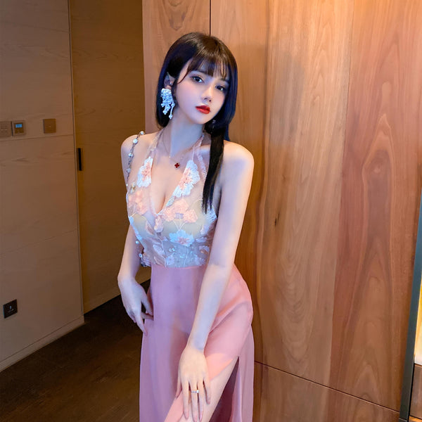 Stunning Sexy See Through Floral Embroidery V Neck Backless High Side Slit Party Long Dress