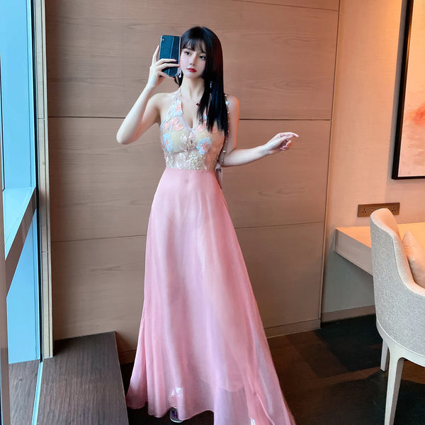Stunning Sexy See Through Floral Embroidery V Neck Backless High Side Slit Party Long Dress