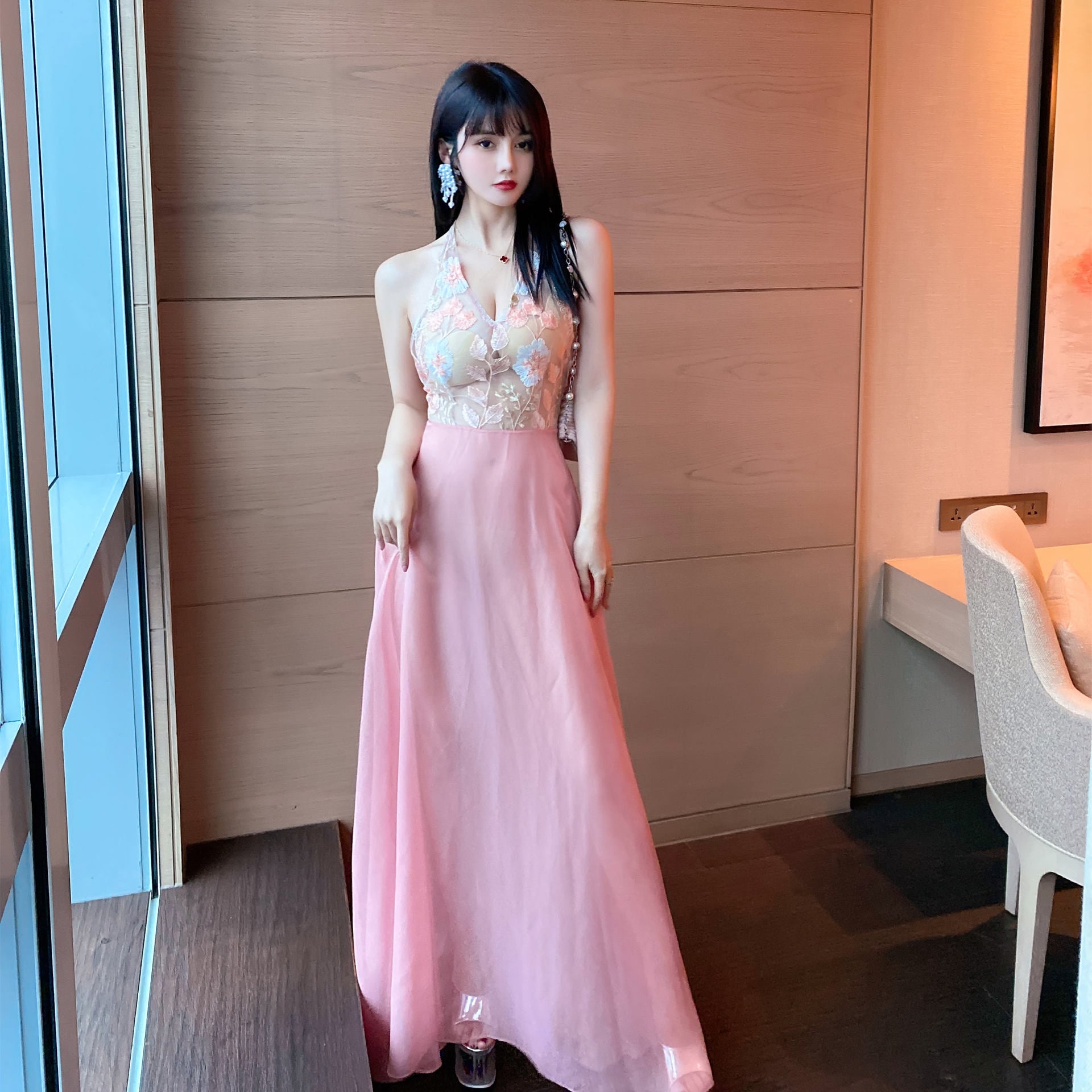 Stunning Sexy See Through Floral Embroidery V Neck Backless High Side Slit Party Long Dress