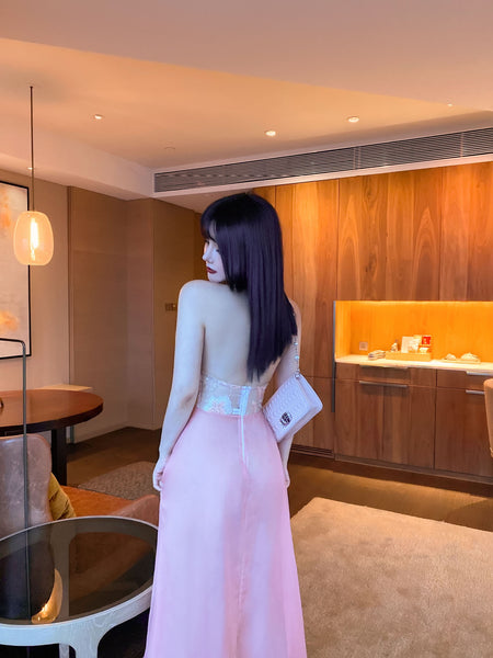 Stunning Sexy See Through Floral Embroidery V Neck Backless High Side Slit Party Long Dress