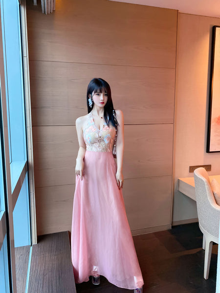 Stunning Sexy See Through Floral Embroidery V Neck Backless High Side Slit Party Long Dress