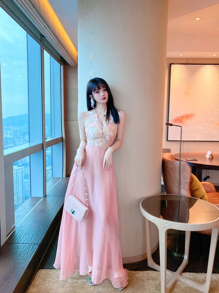 Stunning Sexy See Through Floral Embroidery V Neck Backless High Side Slit Party Long Dress
