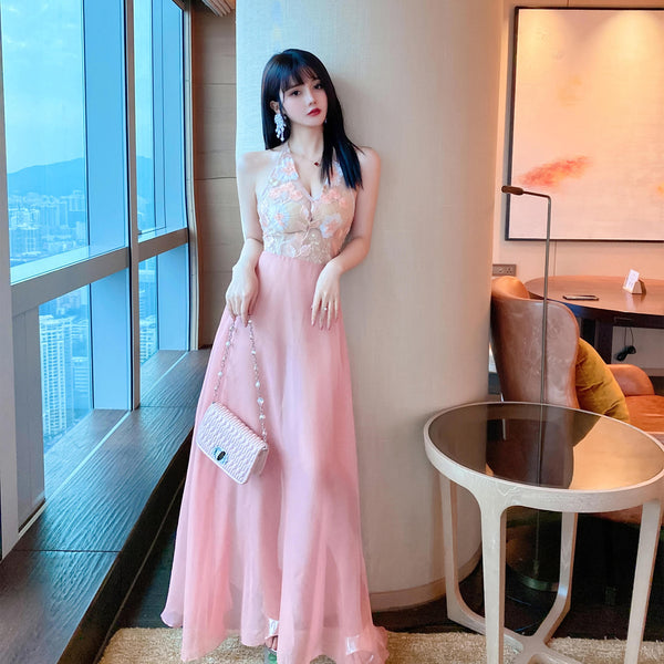 Stunning Sexy See Through Floral Embroidery V Neck Backless High Side Slit Party Long Dress