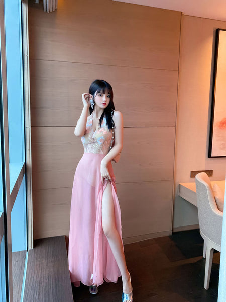 Stunning Sexy See Through Floral Embroidery V Neck Backless High Side Slit Party Long Dress
