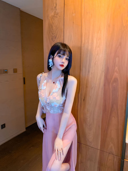 Stunning Sexy See Through Floral Embroidery V Neck Backless High Side Slit Party Long Dress