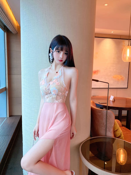 Stunning Sexy See Through Floral Embroidery V Neck Backless High Side Slit Party Long Dress