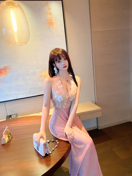 Stunning Sexy See Through Floral Embroidery V Neck Backless High Side Slit Party Long Dress