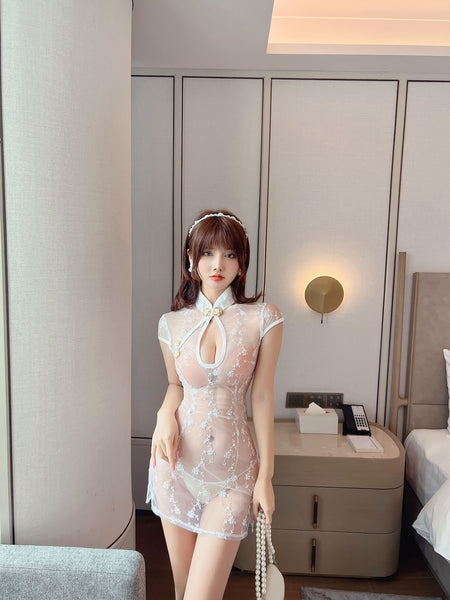 Sexy Mesh See Through Sequins Short Cheongsam Deep V Stand Collar Neck Short Sleeves Tulle Dress