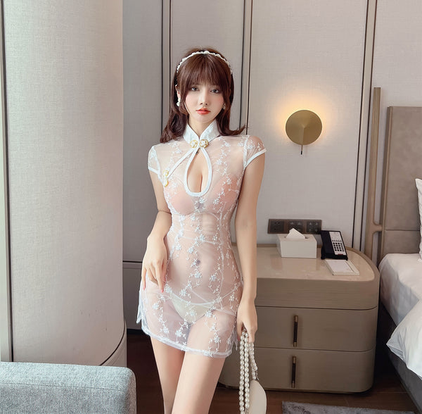 Sexy Mesh See Through Sequins Short Cheongsam Deep V Stand Collar Neck Short Sleeves Tulle Dress