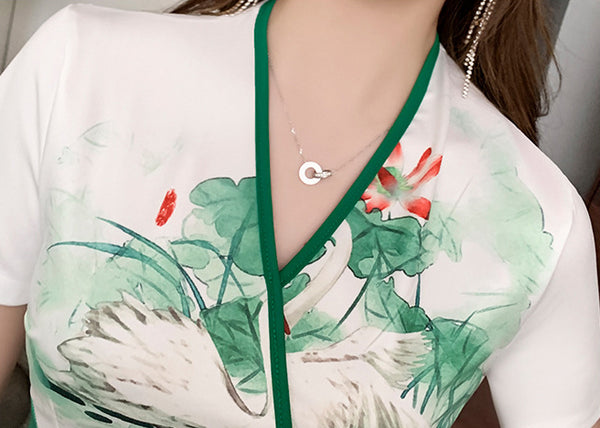 Attractive Modern Floral Green Gradual Color Floral Printed V Neck Short Sleeves Skirt inner Pant Dress