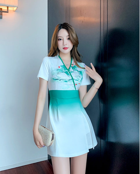 Attractive Modern Floral Green Gradual Color Floral Printed V Neck Short Sleeves Skirt inner Pant Dress